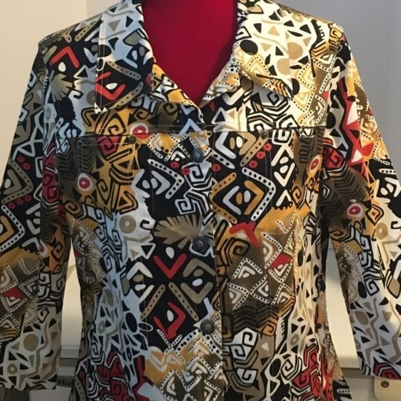 Kaktus Wearable Art woman's geometric tribal pattern lightweight button jacket L - Picture 1 of 14